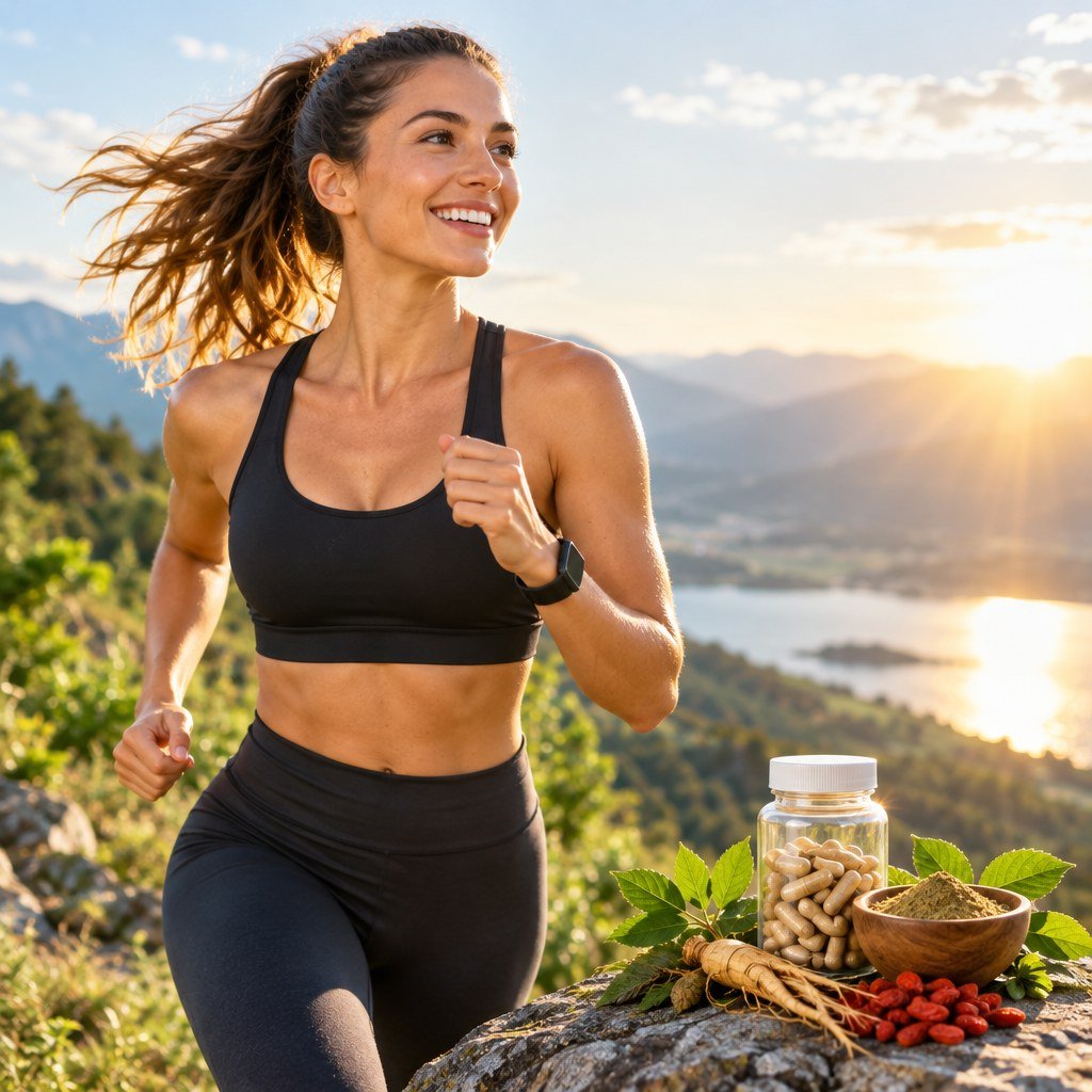 Active person with energy and vitality, natural supplement for stamina concept, outdoor fitness and wellness, vibrant en…