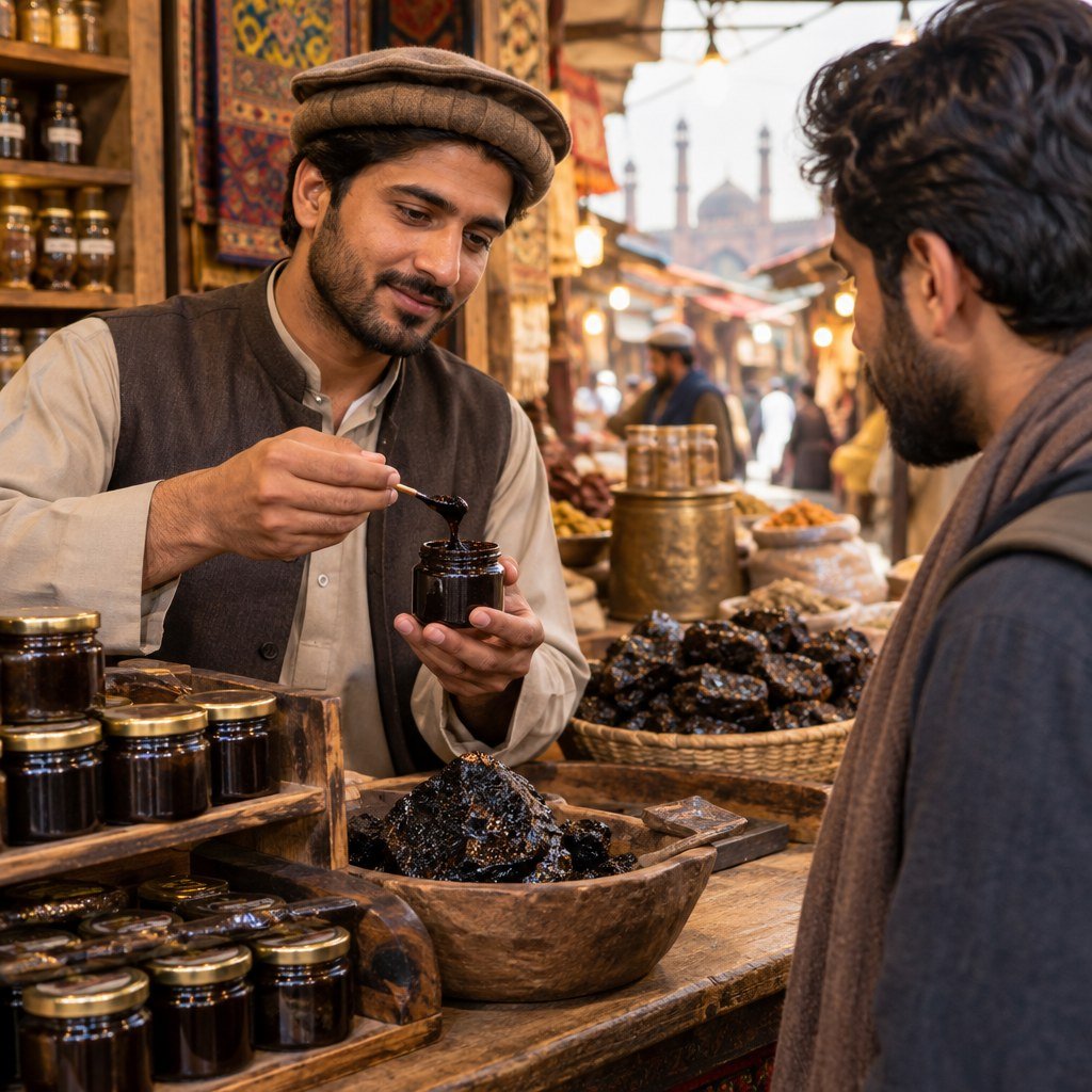 Shopping for Shilajit in Pakistan marketplace, buying guide concept, authentic traditional supplement, trustworthy vendo…